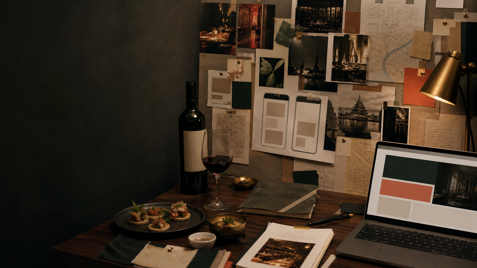 Editorial collage of Bangkok venue materials, phone frames, warm lighting, and design references